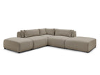 Canapé d'angle fixe modulable avec têtières JANA tissu chiné avec 2 chauffeuses, 1 angle et 2 poufs