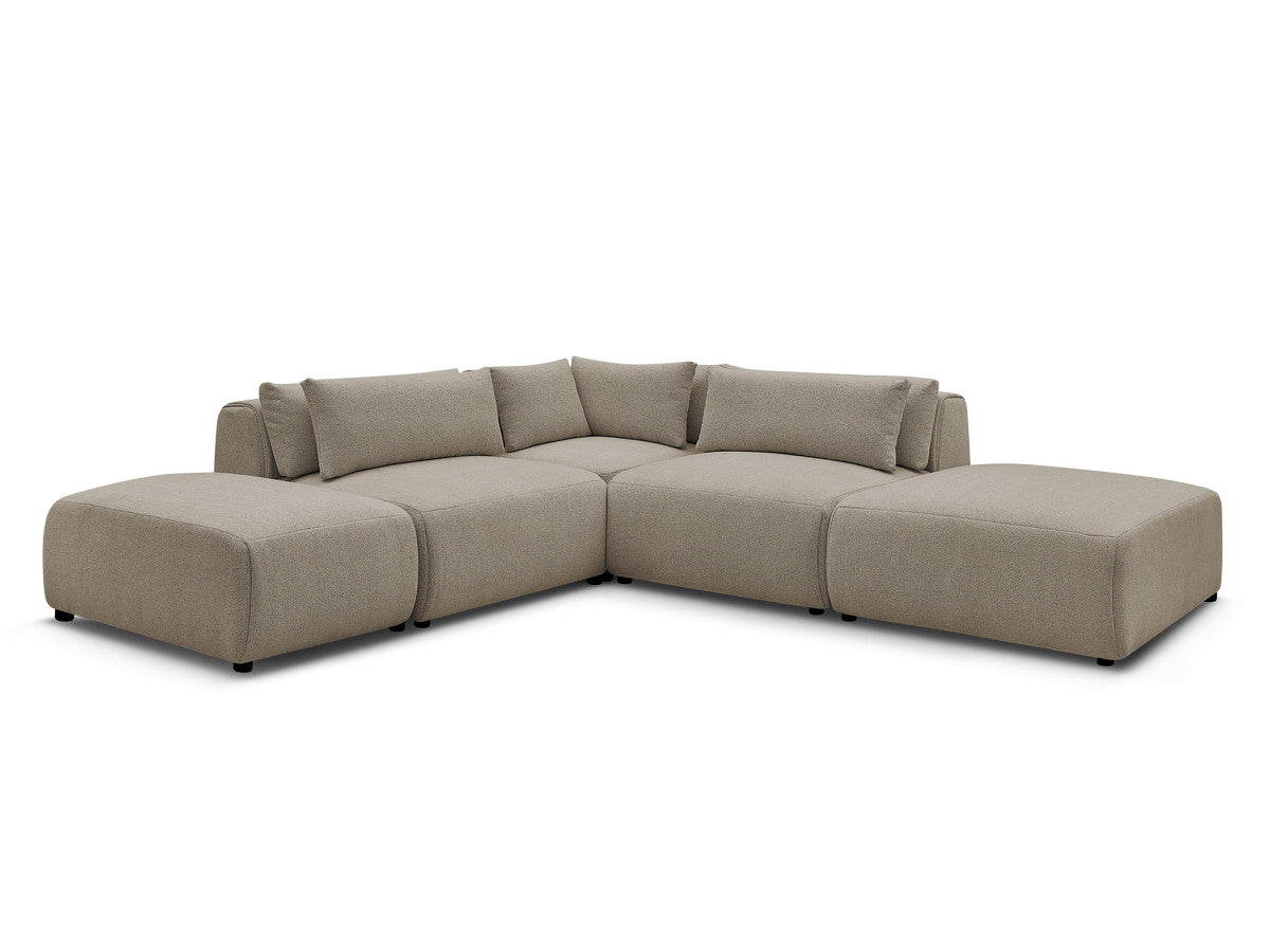 Canapé d'angle fixe modulable avec têtières JANA tissu chiné avec 2 chauffeuses, 1 angle et 2 poufs