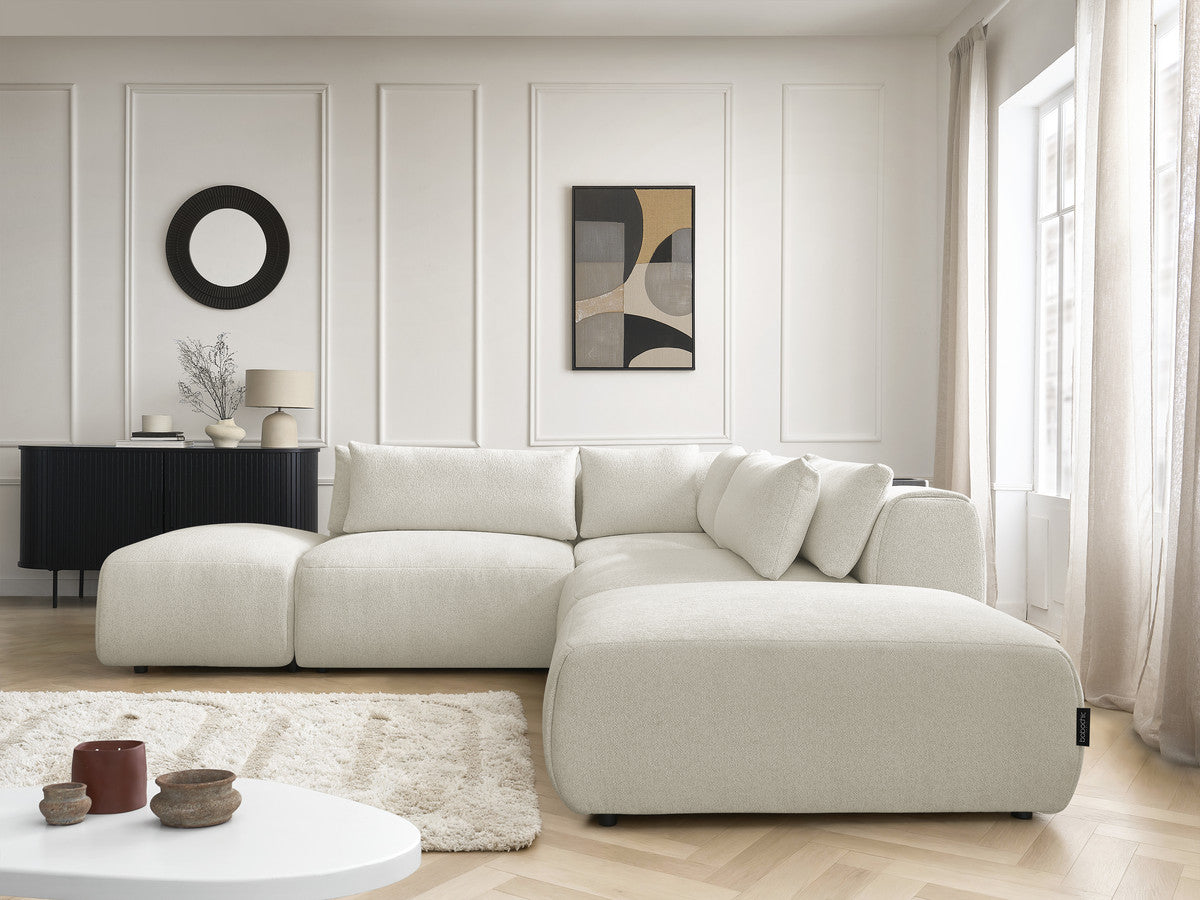 Canapé d'angle fixe modulable avec têtières JANA tissu chiné avec 2 chauffeuses, 1 angle et 2 poufs