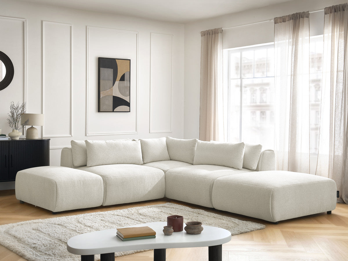 Canapé d'angle fixe modulable avec têtières JANA tissu chiné avec 2 chauffeuses, 1 angle et 2 poufs