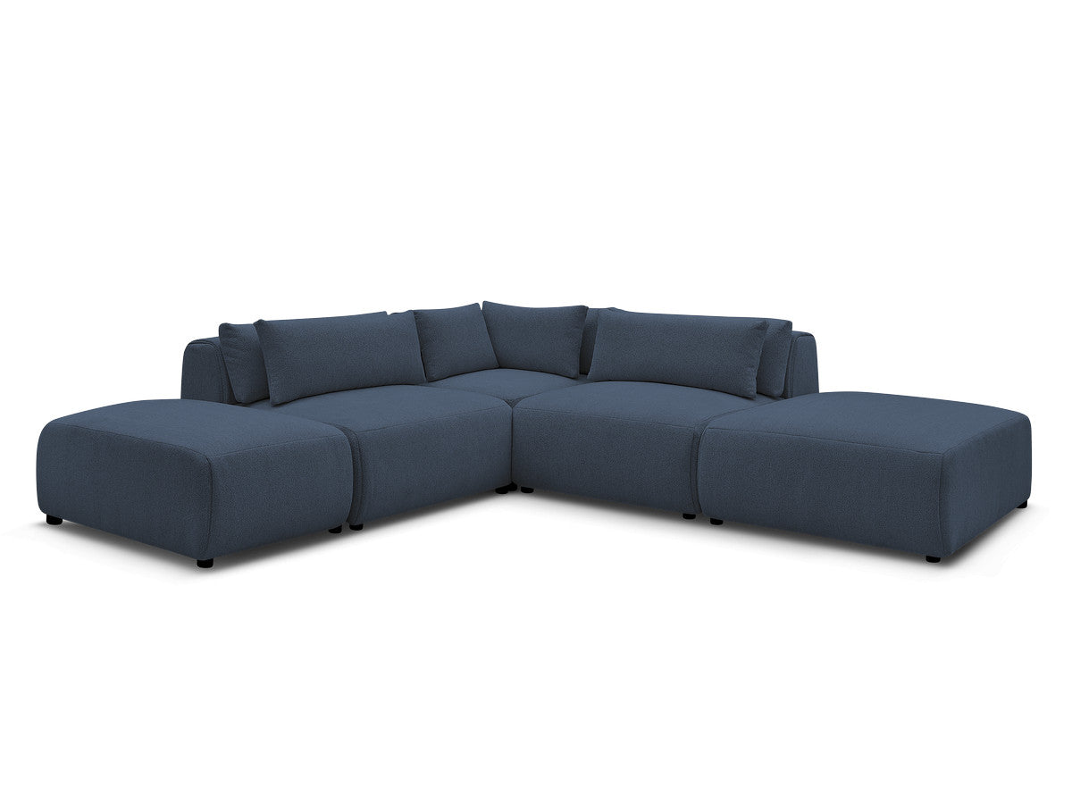 Canapé d'angle fixe modulable avec têtières JANA tissu chiné avec 2 chauffeuses, 1 angle et 2 poufs