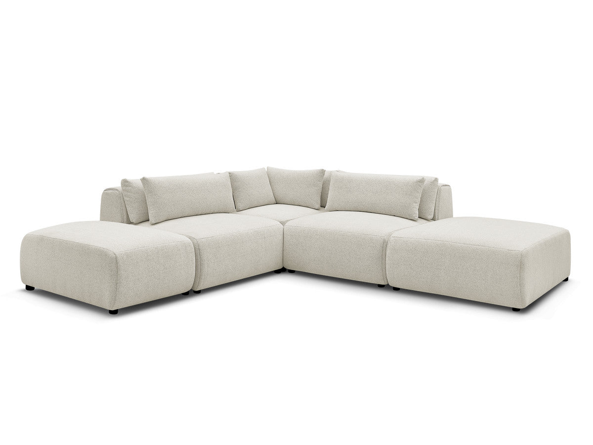 Canapé d'angle fixe modulable avec têtières JANA tissu chiné avec 2 chauffeuses, 1 angle et 2 poufs