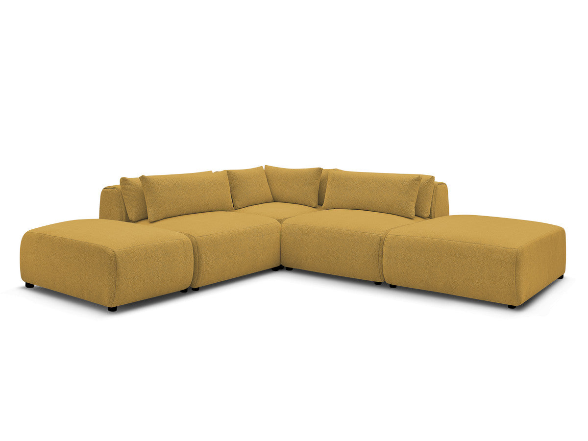 Canapé d'angle fixe modulable avec têtières JANA tissu chiné avec 2 chauffeuses, 1 angle et 2 poufs