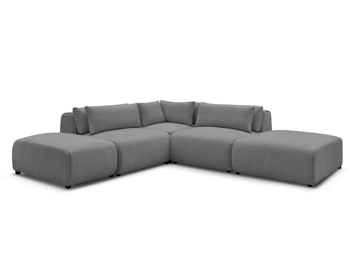 Canapé d'angle fixe modulable avec têtières JANA tissu chiné avec 2 chauffeuses, 1 angle et 2 poufs