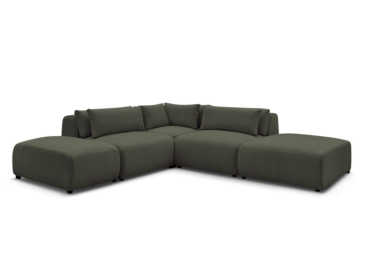 Canapé d'angle fixe modulable avec têtières JANA tissu chiné avec 2 chauffeuses, 1 angle et 2 poufs