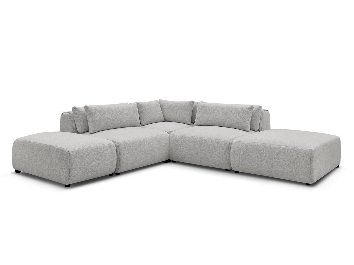 Canapé d'angle fixe modulable avec têtières JANA tissu chiné avec 2 chauffeuses, 1 angle et 2 poufs