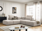 Canapé d'angle fixe modulable avec têtières JANA tissu texturé avec 2 chauffeuses, 1 angle et 2 poufs