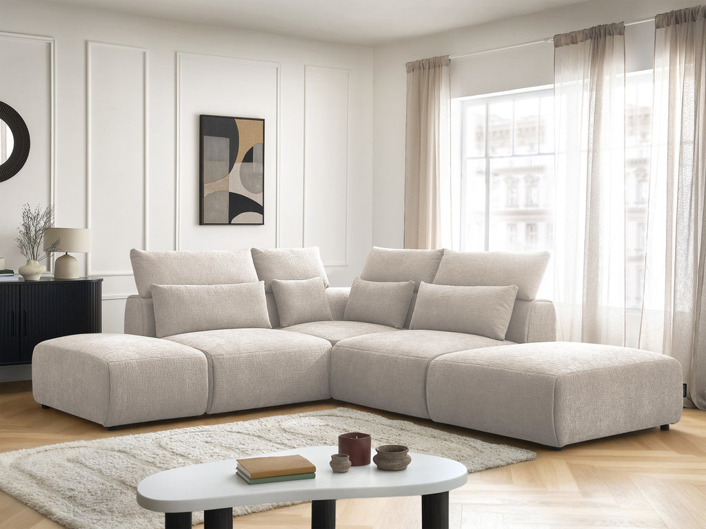 Canapé d'angle fixe modulable avec têtières JANA tissu texturé avec 2 chauffeuses, 1 angle et 2 poufs