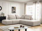 Canapé d'angle fixe modulable avec têtières JANA tissu texturé avec 2 chauffeuses, 1 angle et 2 poufs