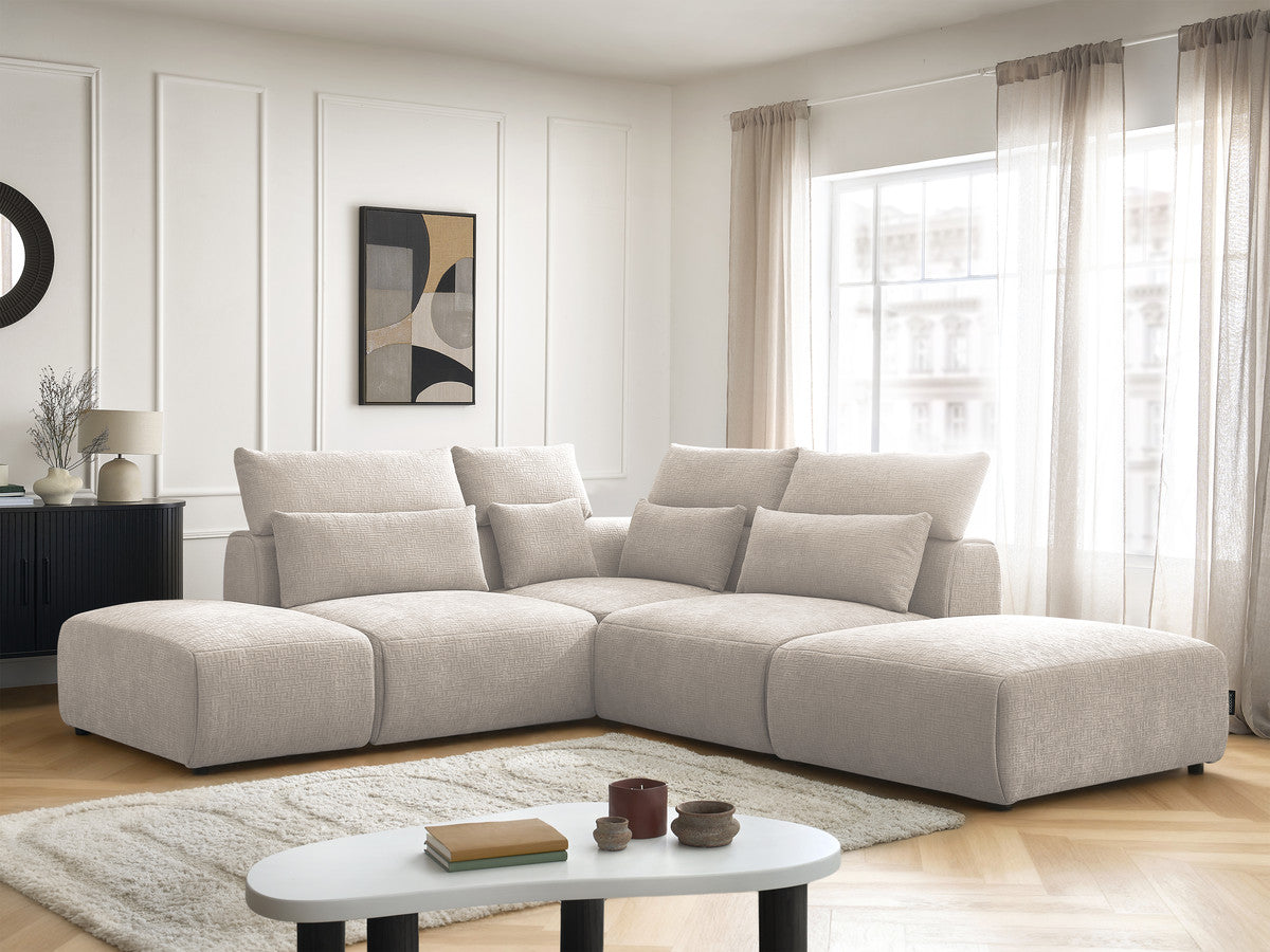 Canapé d'angle fixe modulable avec têtières JANA tissu texturé avec 2 chauffeuses, 1 angle et 2 poufs