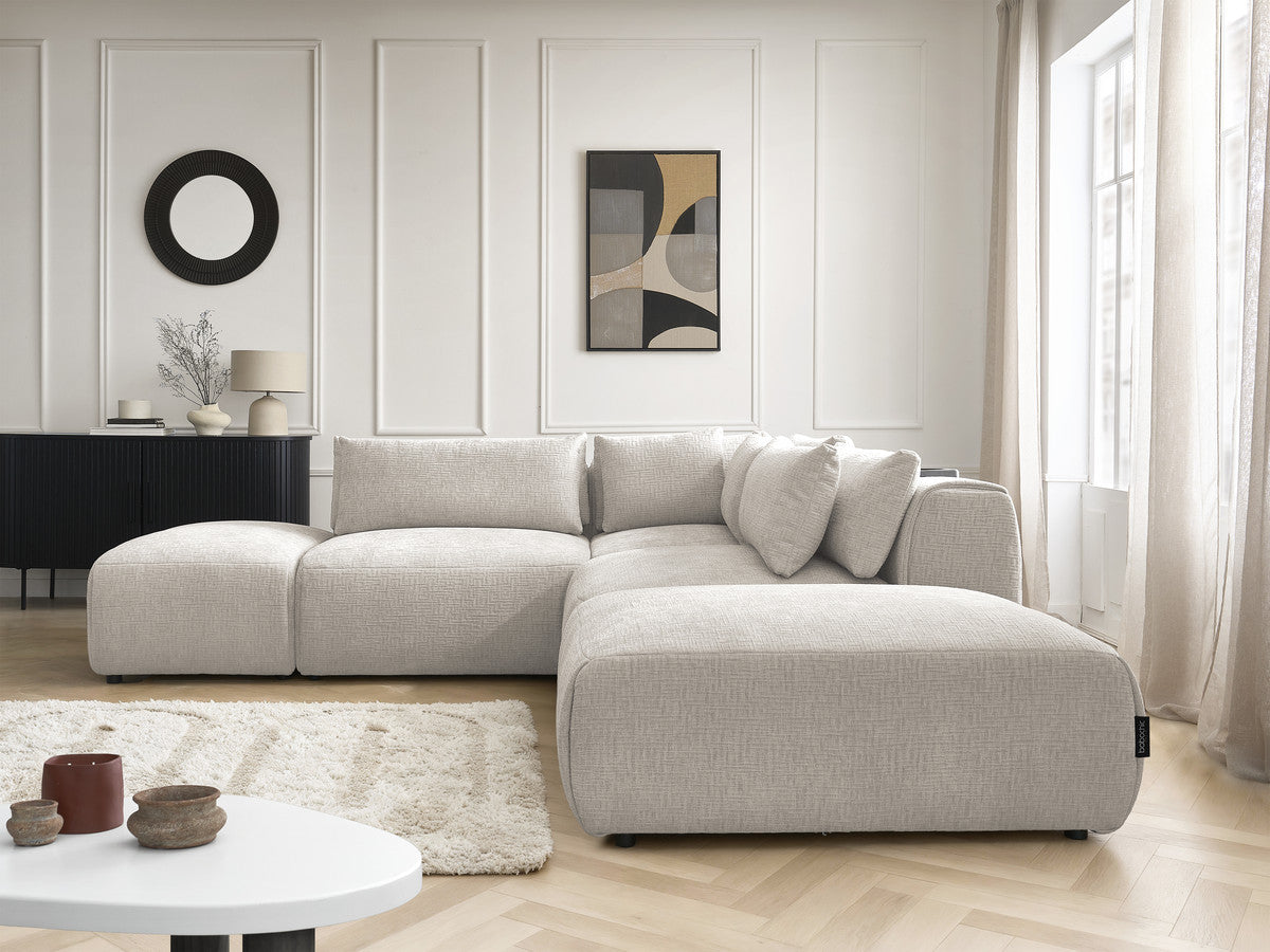 Canapé d'angle fixe modulable avec têtières JANA tissu texturé avec 2 chauffeuses, 1 angle et 2 poufs