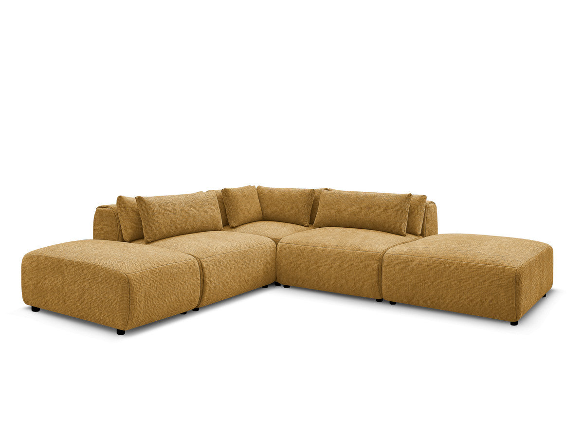 Canapé d'angle fixe modulable avec têtières JANA tissu texturé avec 2 chauffeuses, 1 angle et 2 poufs