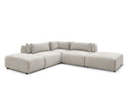 Canapé d'angle fixe modulable avec têtières JANA tissu texturé avec 2 chauffeuses, 1 angle et 2 poufs