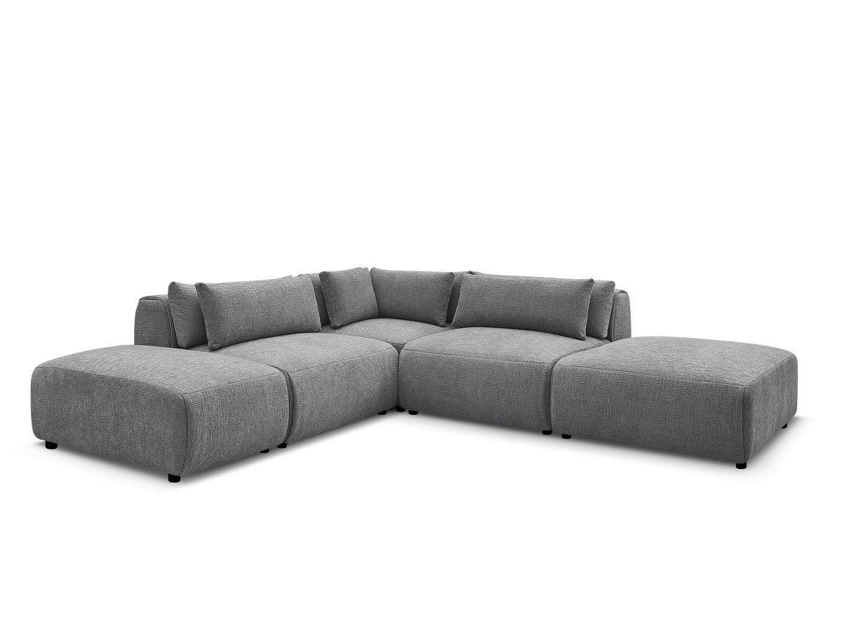 Canapé d'angle fixe modulable avec têtières JANA tissu texturé avec 2 chauffeuses, 1 angle et 2 poufs