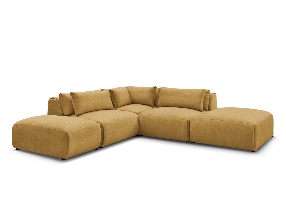 Canapé d'angle fixe modulable avec têtières JANA tissu velours avec 2 chauffeuses, 1 angle et 2 poufs