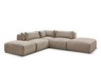 Canapé d'angle fixe modulable avec têtières JANA tissu velours avec 2 chauffeuses, 1 angle et 2 poufs