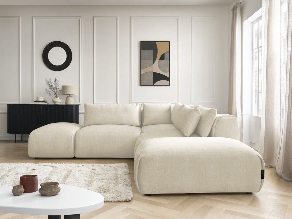 Canapé d'angle fixe modulable avec têtières JANA tissu velours avec 2 chauffeuses, 1 angle et 2 poufs