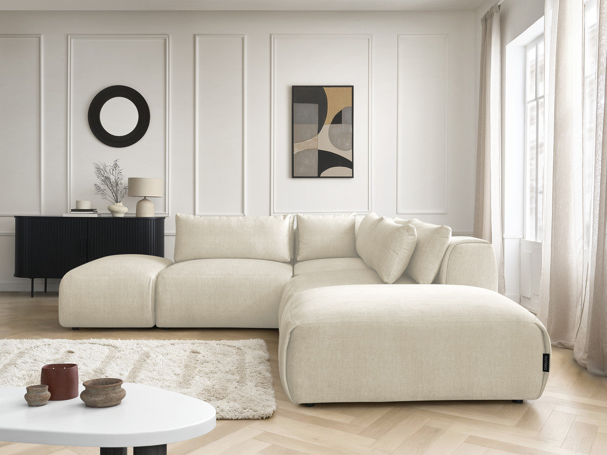 Canapé d'angle fixe modulable avec têtières JANA tissu velours avec 2 chauffeuses, 1 angle et 2 poufs