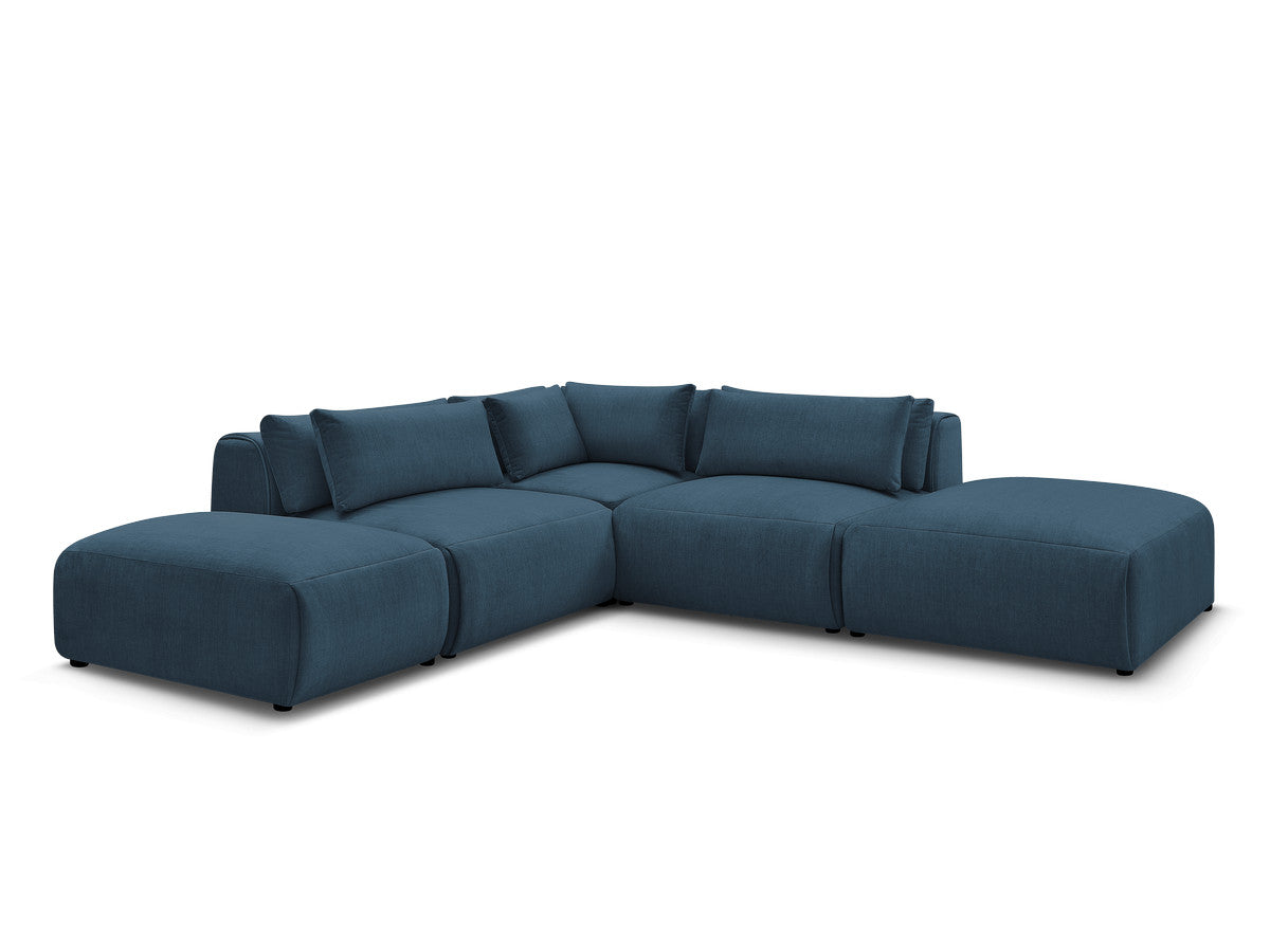 Canapé d'angle fixe modulable avec têtières JANA tissu velours avec 2 chauffeuses, 1 angle et 2 poufs