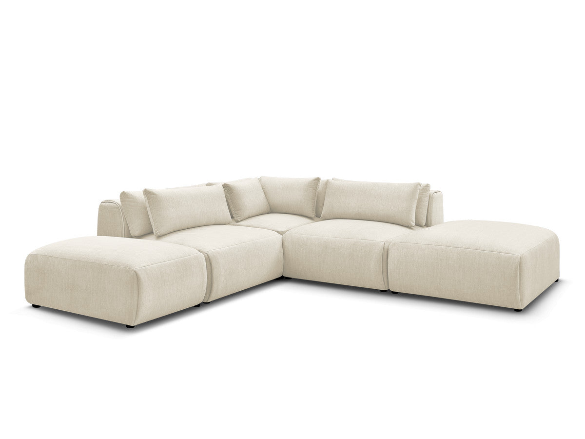 Canapé d'angle fixe modulable avec têtières JANA tissu velours avec 2 chauffeuses, 1 angle et 2 poufs