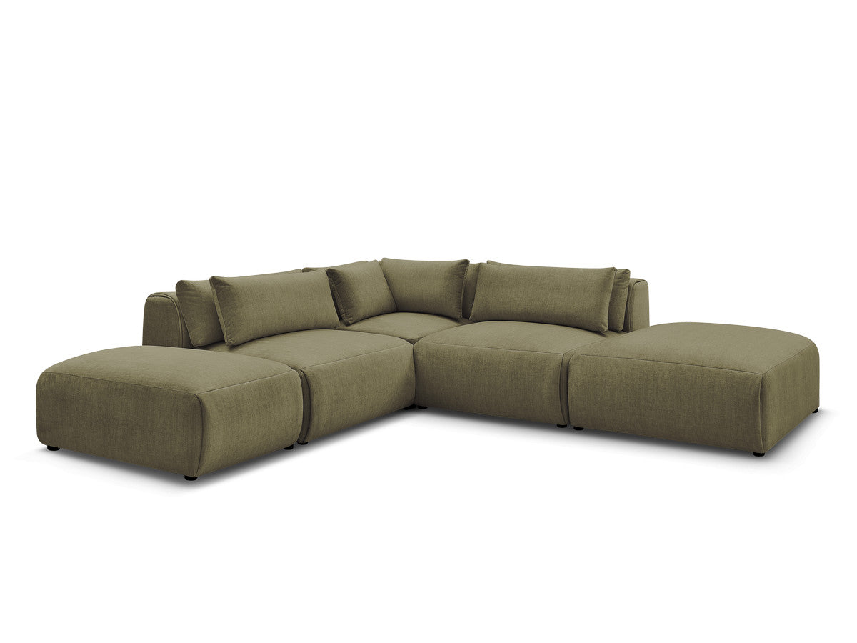 Canapé d'angle fixe modulable avec têtières JANA tissu velours avec 2 chauffeuses, 1 angle et 2 poufs