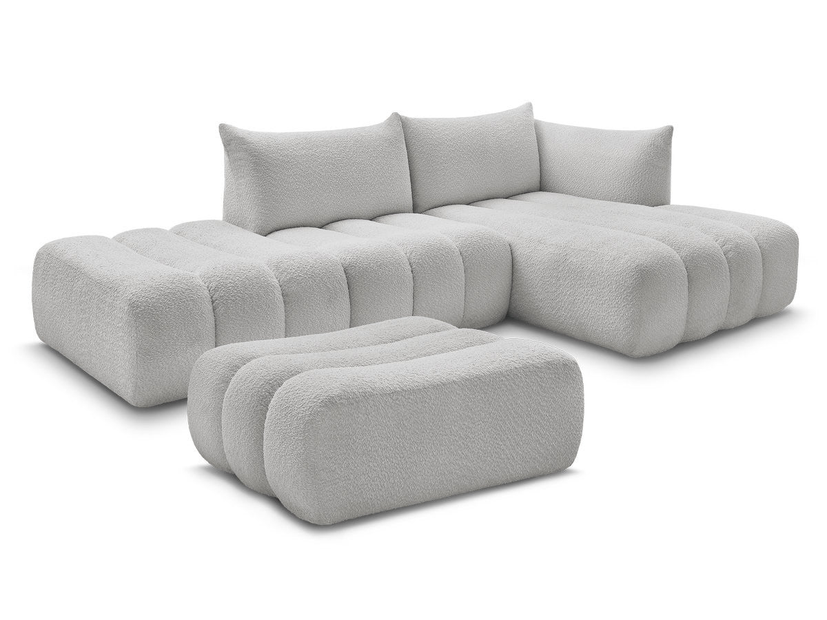 Canapé d'angle fixe modulable AZRA tissu bouclette avec pouf