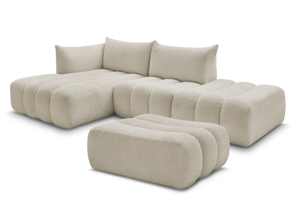 Canapé d'angle fixe modulable AZRA tissu bouclette avec pouf