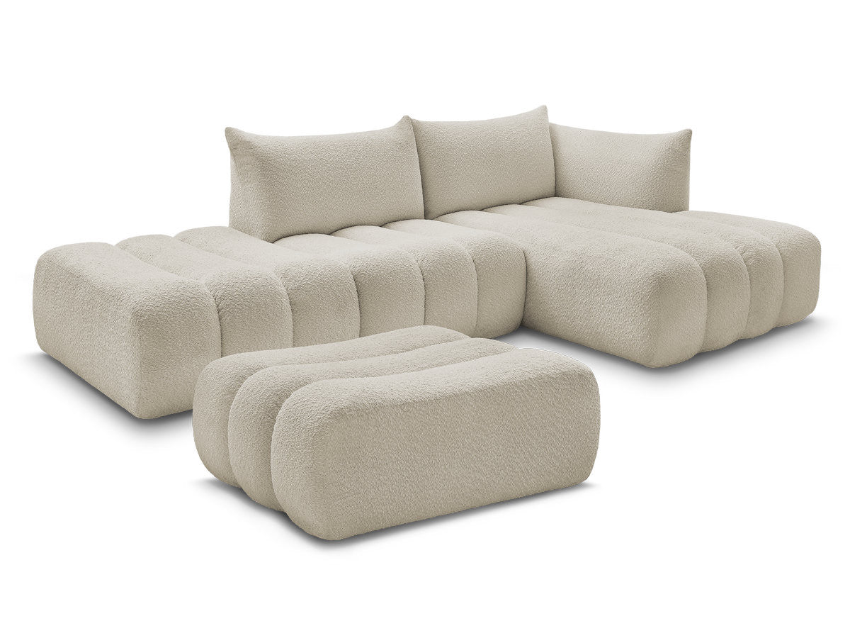 Canapé d'angle fixe modulable AZRA tissu bouclette avec pouf