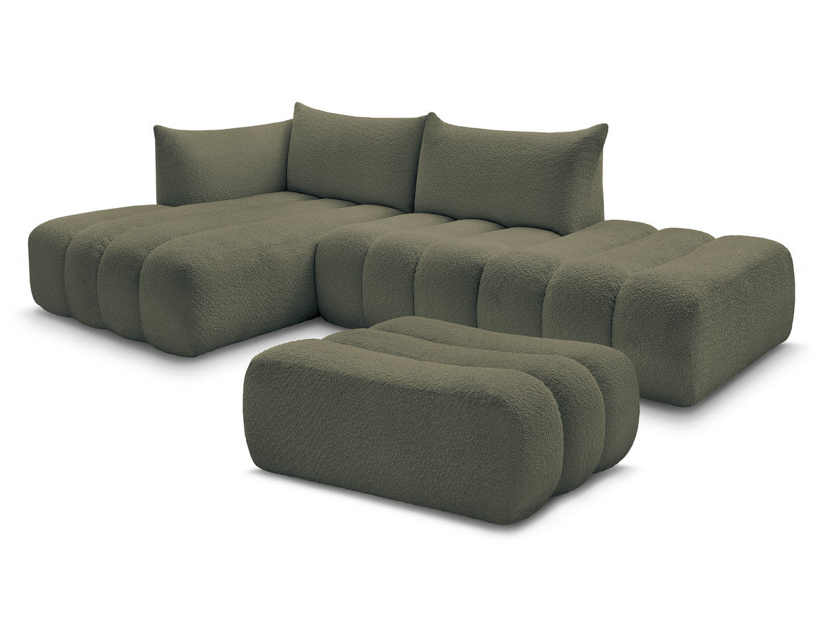 Canapé d'angle fixe modulable AZRA tissu bouclette avec pouf