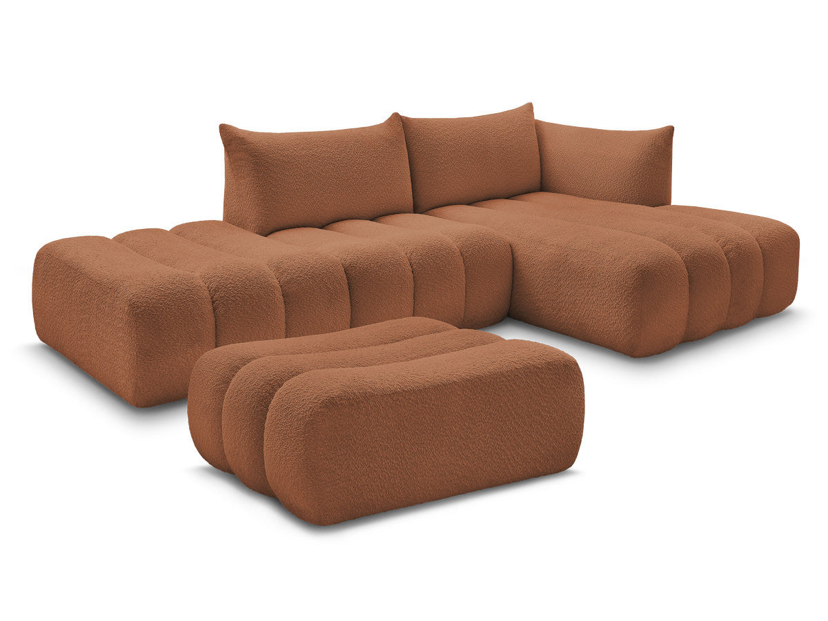 Canapé d'angle fixe modulable AZRA tissu bouclette avec pouf