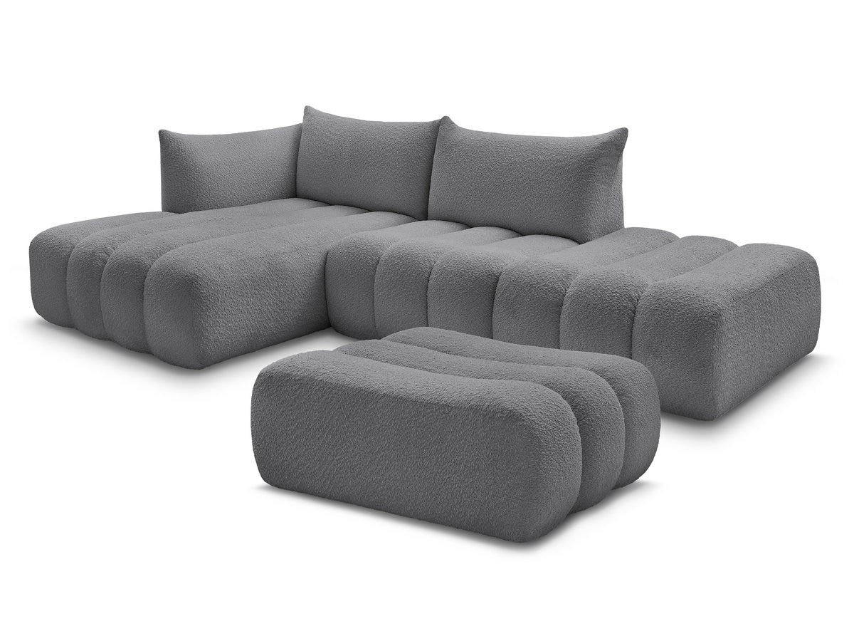 Canapé d'angle fixe modulable AZRA tissu bouclette avec pouf