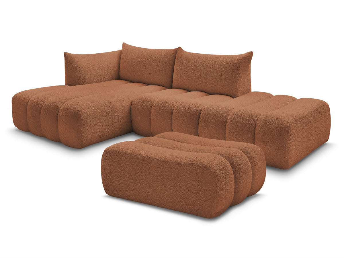 Canapé d'angle fixe modulable AZRA tissu bouclette avec pouf