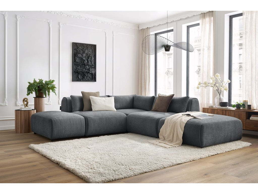 Canapé d'angle fixe modulable JEANNE tissu texturé avec 2 chauffeuses, 1 angle et 2 poufs