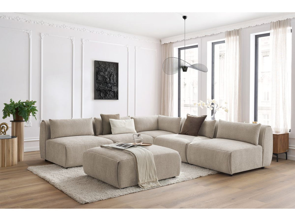 Canapé d'angle fixe modulable JEANNE tissu texturé avec 4 chauffeuses, 1 angle et 1 pouf