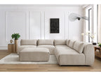 Canapé d'angle fixe modulable JEANNE tissu texturé avec 4 chauffeuses, 1 angle et 1 pouf