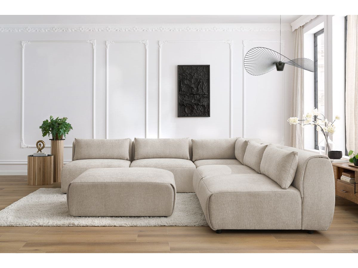 Canapé d'angle fixe modulable JEANNE tissu texturé avec 4 chauffeuses, 1 angle et 1 pouf