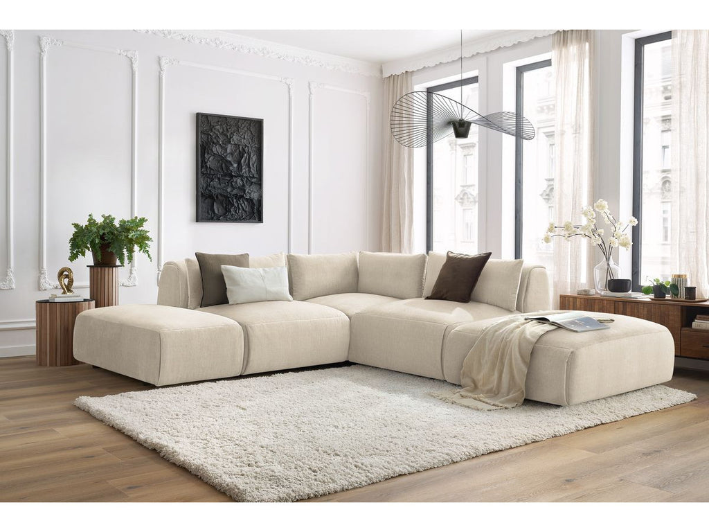 Canapé d'angle fixe modulable JEANNE tissu velours avec 2 chauffeuses, 1 angle et 2 poufs