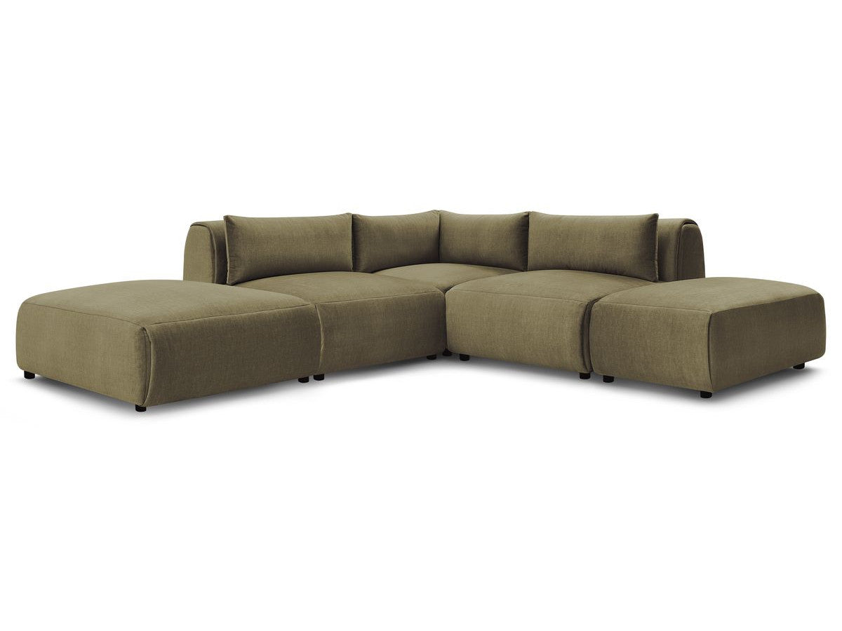 Canapé d'angle fixe modulable JEANNE tissu velours avec 2 chauffeuses, 1 angle et 2 poufs