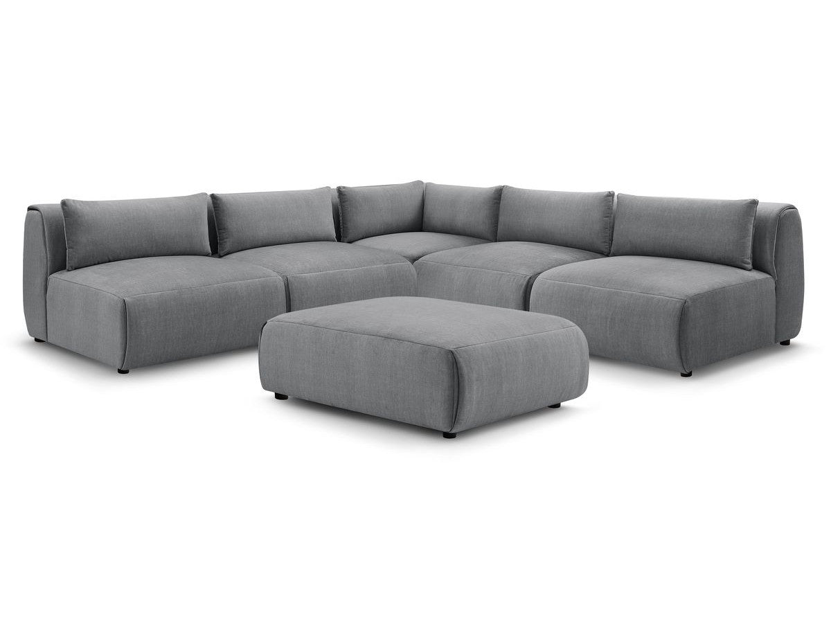 Canapé d'angle fixe modulable JEANNE tissu velours avec 4 chauffeuses, 1 angle et 1 pouf