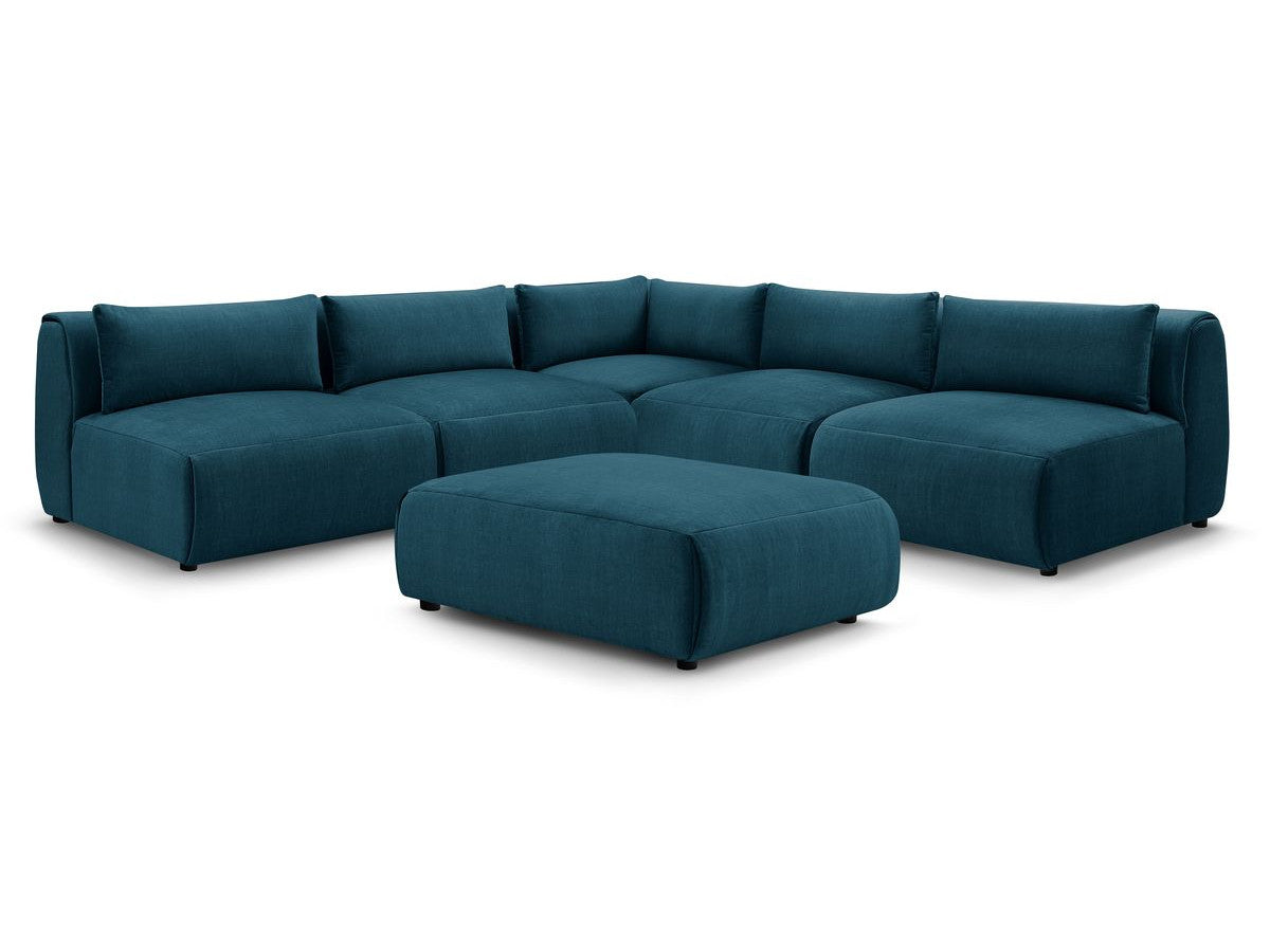 Canapé d'angle fixe modulable JEANNE tissu velours avec 4 chauffeuses, 1 angle et 1 pouf