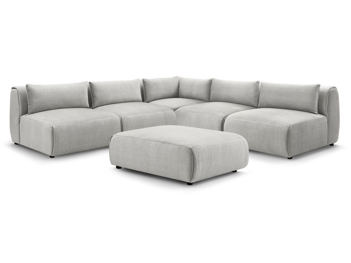 Canapé d'angle fixe modulable JEANNE tissu velours avec 4 chauffeuses, 1 angle et 1 pouf
