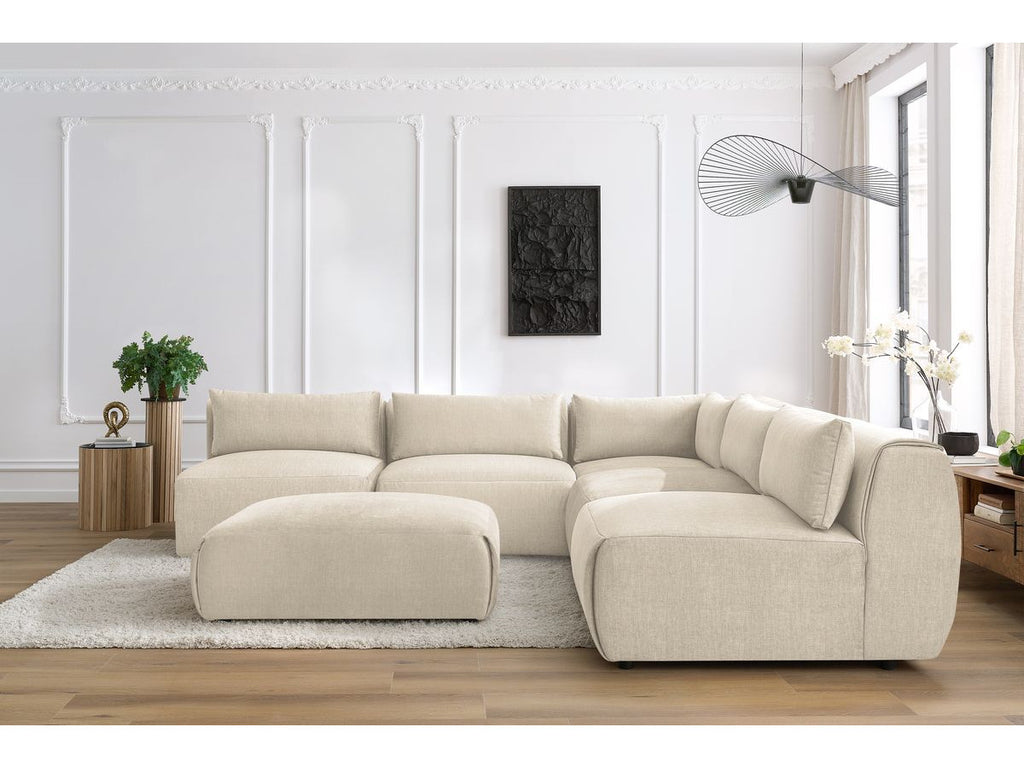 Canapé d'angle fixe modulable JEANNE tissu velours avec 4 chauffeuses, 1 angle et 1 pouf
