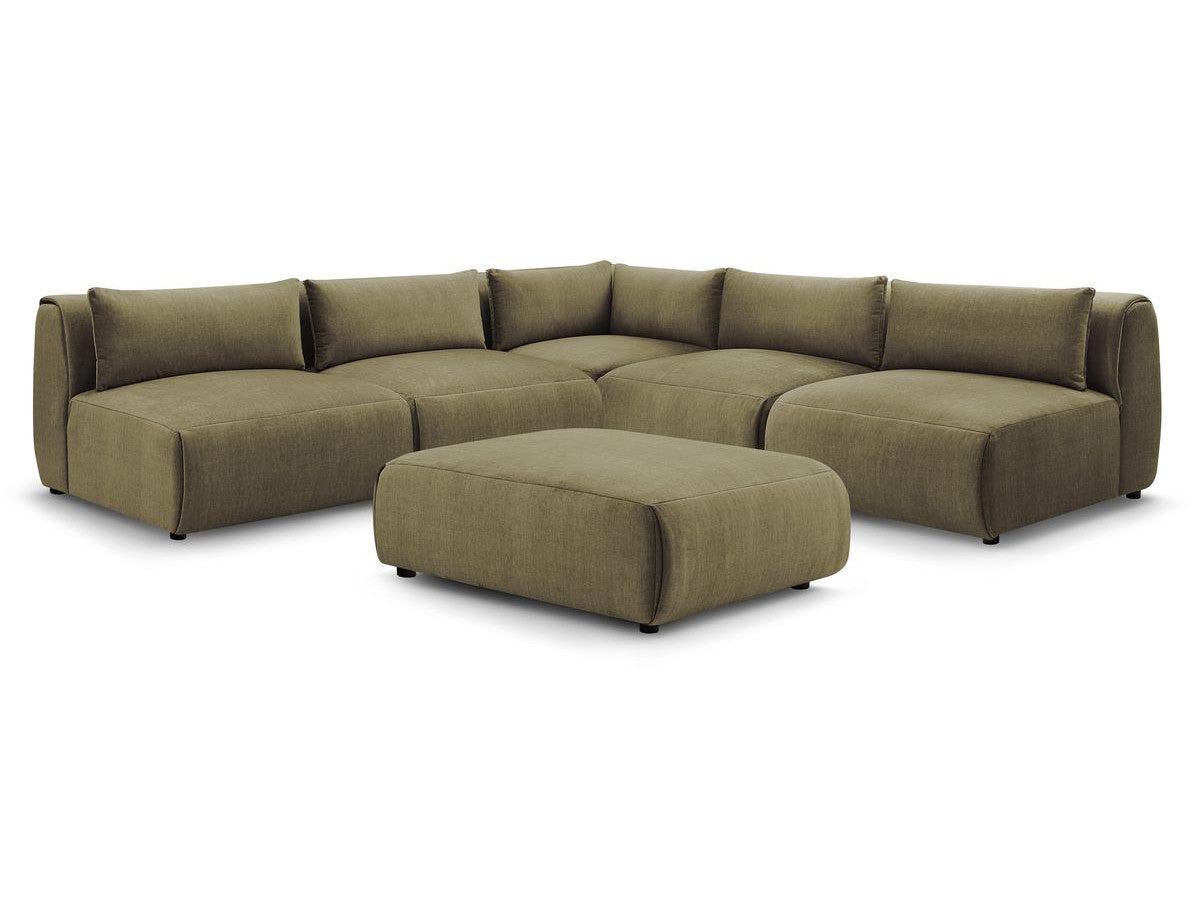 Canapé d'angle fixe modulable JEANNE tissu velours avec 4 chauffeuses, 1 angle et 1 pouf