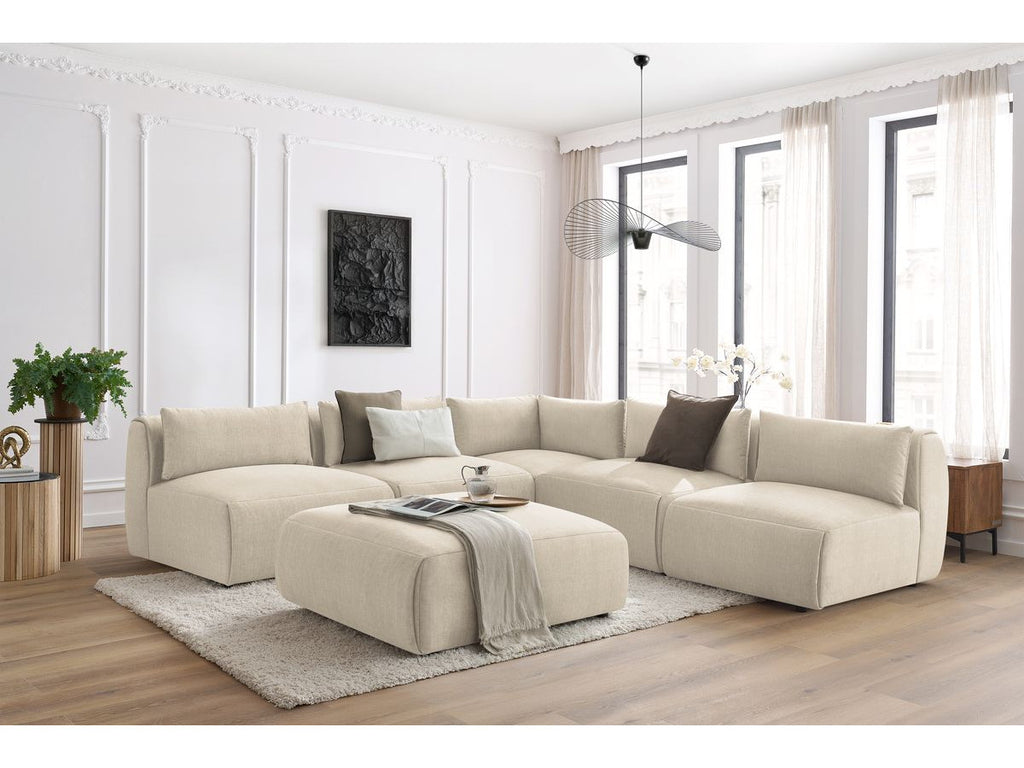 Canapé d'angle fixe modulable JEANNE tissu velours avec 4 chauffeuses, 1 angle et 1 pouf