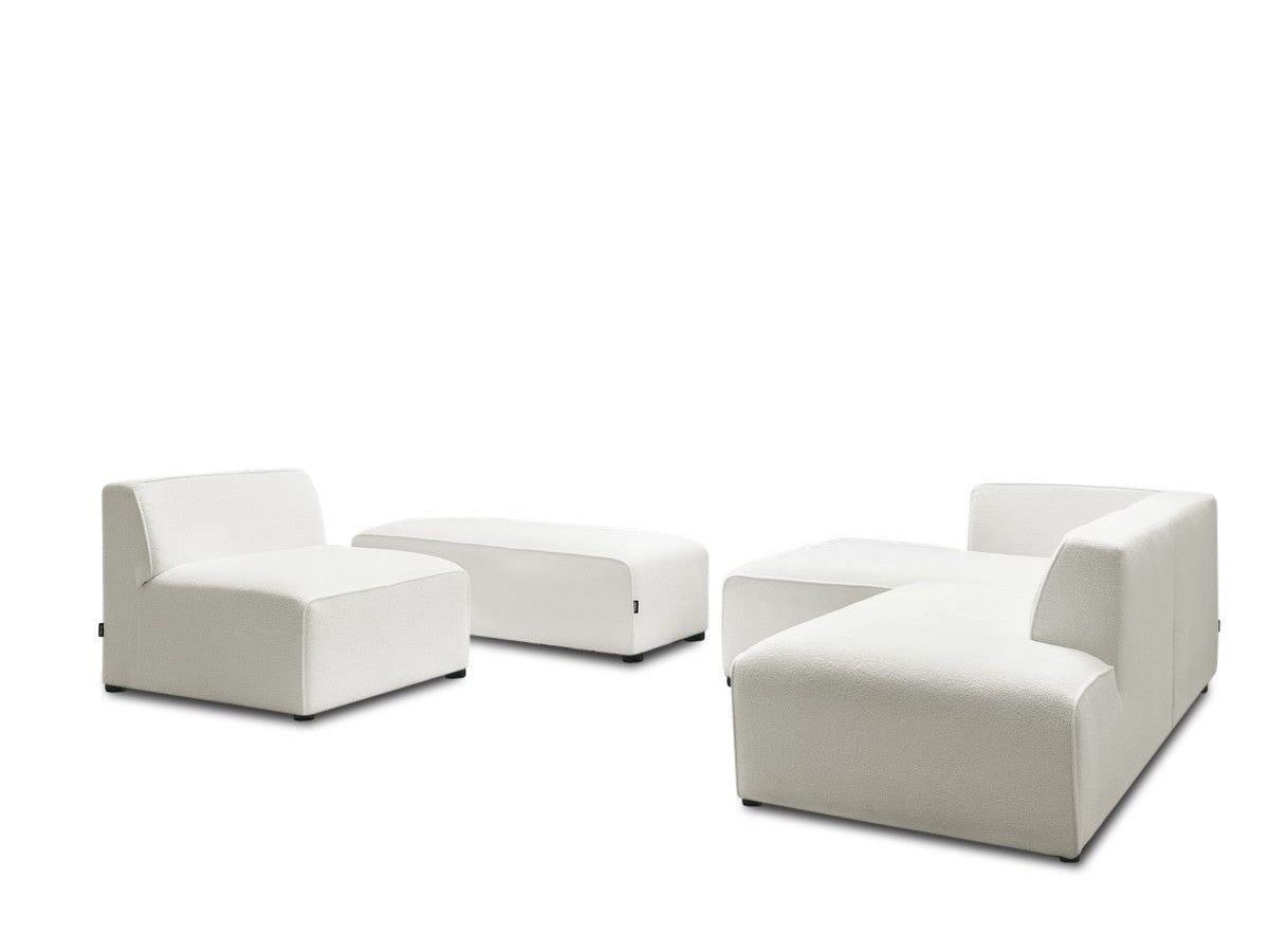 Canapé d'angle fixe modulable MEGEVE tissu bouclette avec 1 chauffeuse et 1 pouf
