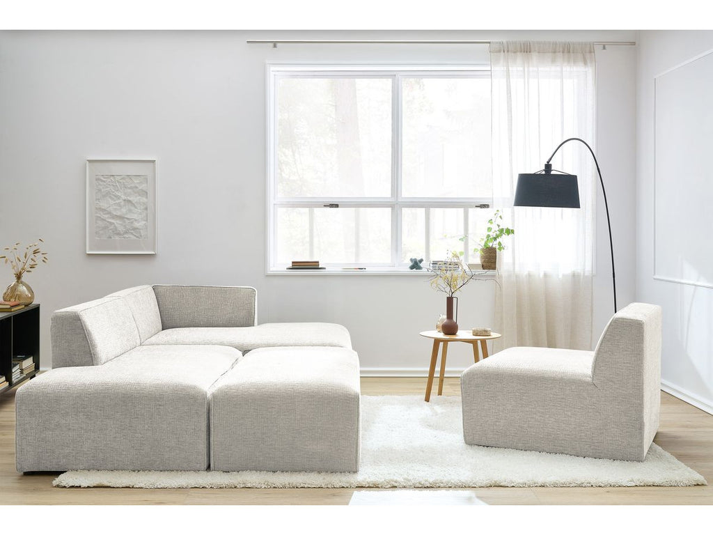 Canapé d'angle fixe modulable MEGEVE tissu texturé avec 1 chauffeuse et 1 pouf