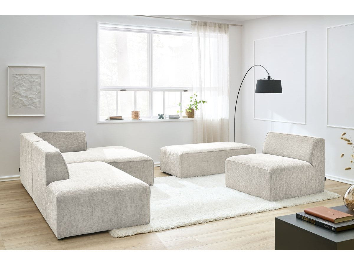 Canapé d'angle fixe modulable MEGEVE tissu texturé avec 1 chauffeuse et 1 pouf