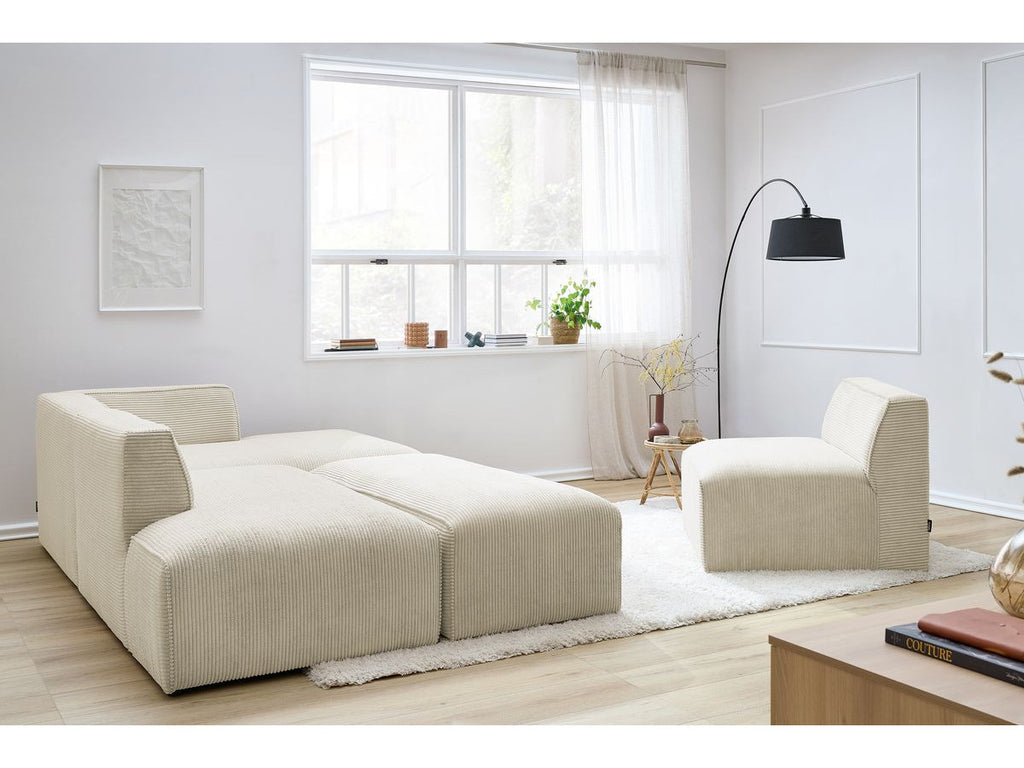 Canapé d'angle fixe modulable MEGEVE tissu velours côtelé avec 1 chauffeuse et 1 pouf