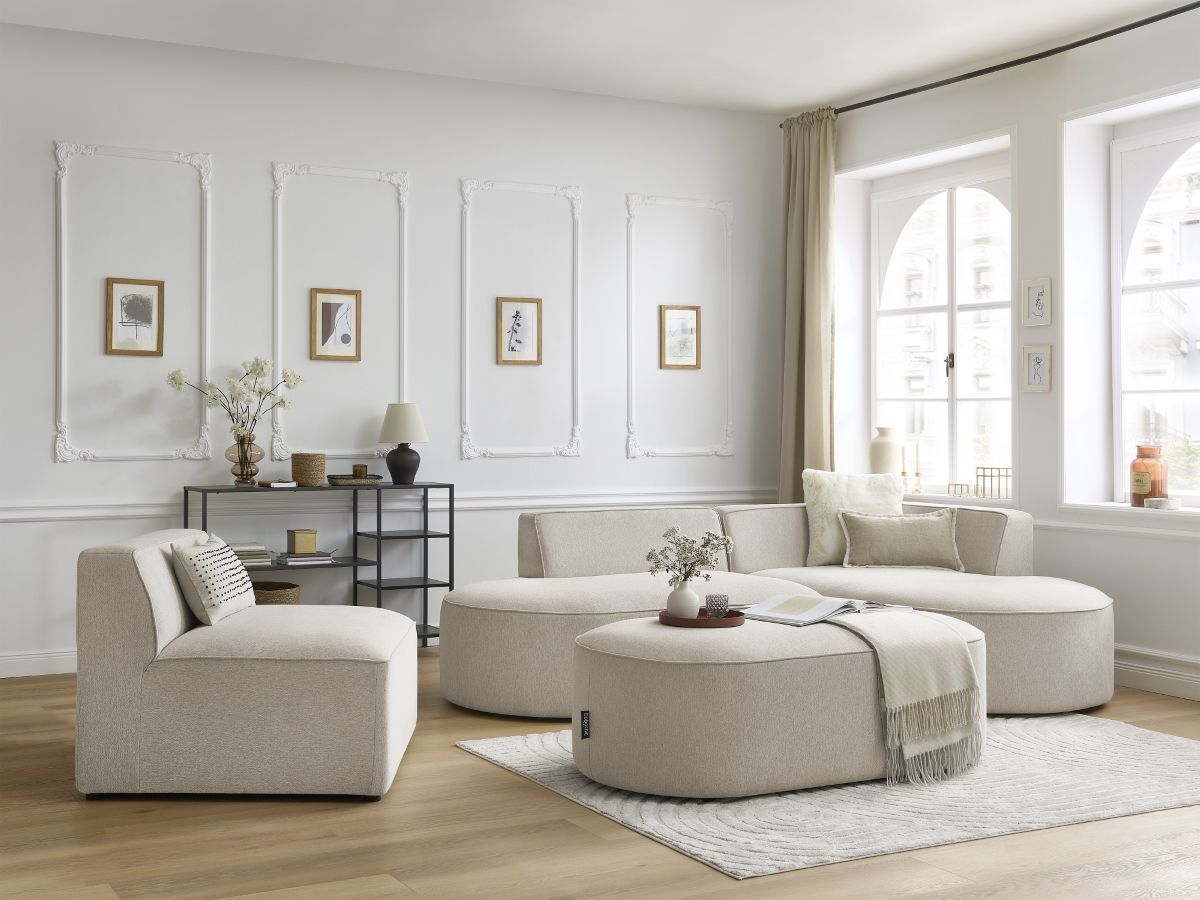 Canapé d'angle fixe modulable ROUSSEAU tissu chiné avec 1 chauffeuse et 1 pouf