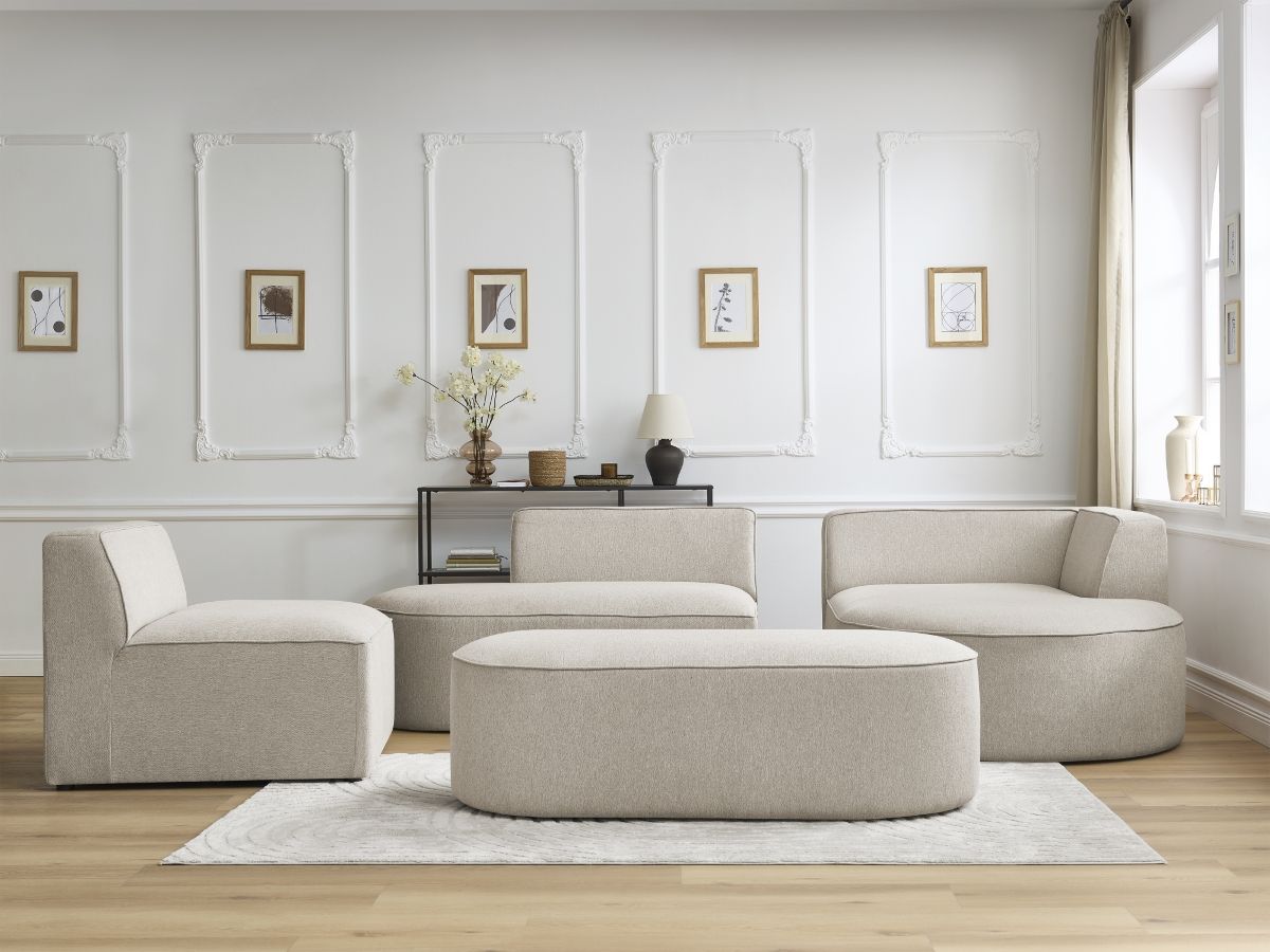Canapé d'angle fixe modulable ROUSSEAU tissu chiné avec 1 chauffeuse et 1 pouf